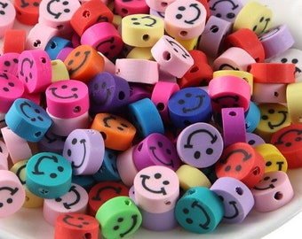 10mm smiley face beads, rainbow smiley beads, polymer clay beads, beads for kids, craft beads, jewelry making beads