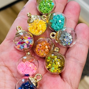 Glass ball charms with confetti stars, charms and pendants, gold charms, charm bracelets, bracelet making, 5 charms per pack image 1