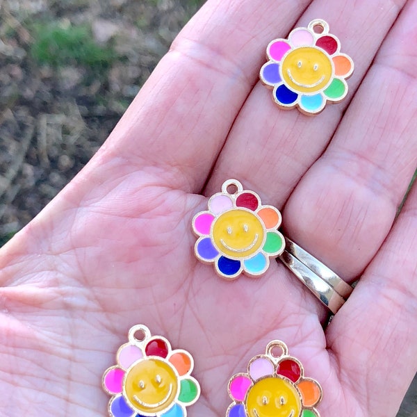 Smiley face flower charms, rainbow charms, charm bracelets, jewelry making charms, cute charms, unique charms, 5 per pack