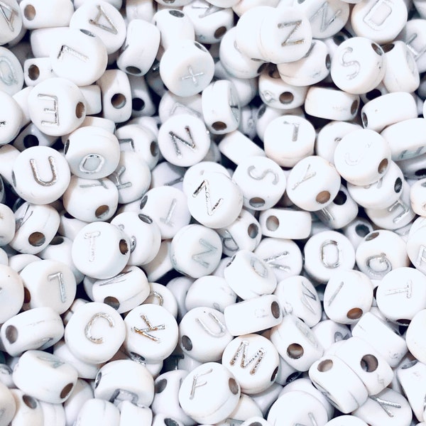 7mm White and silver alphabet beads Letter beads gold alphabet beads name bracelet beads 100 beads per pack