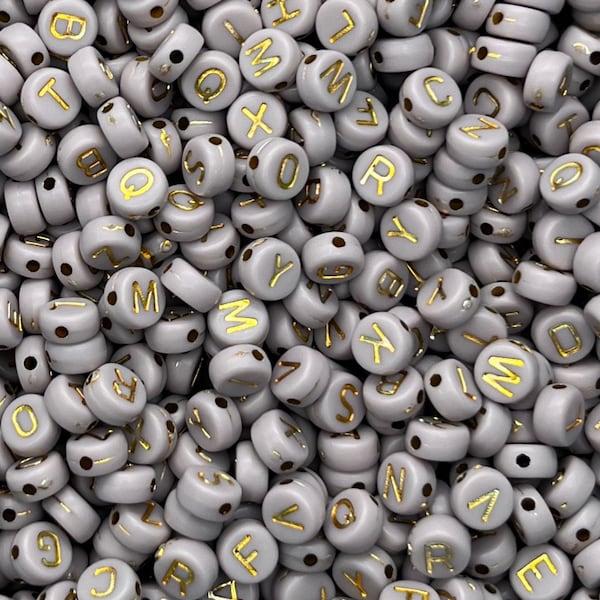 7mm Alphabet beads, Gray with gold  beads for kids, word beads name beads, letter jewelry making beads, 100 beads per pack