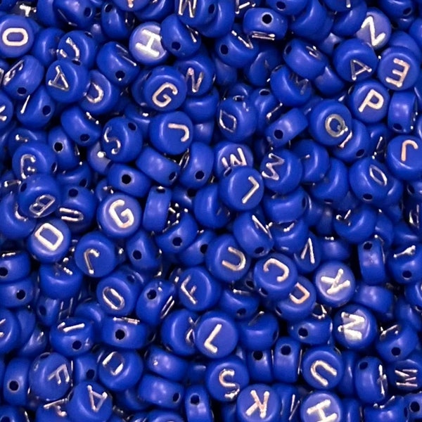 7mm Alphabet beads, Royal blue silver letter beads for kids, word beads name beads, letter jewelry making beads, 100 beads per pack