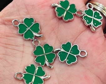 Enamel shamrock charms, clover charms, green shamrock charms, charm bracelets, jewelry charms, st Patrick’s day charms silver charms