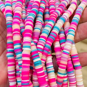 6mm vinyl heishi beads, Pink mix rainbow vinyl beads, African vinyl beads, polymer clay disc beads, 350-400 beads per strand