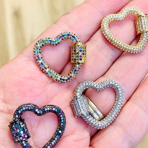 Micro pave CZ crystal Carabiner clasp, connectors, screw clasp, gold plated clasp, pave heart shaped carabiner, high quality clasp