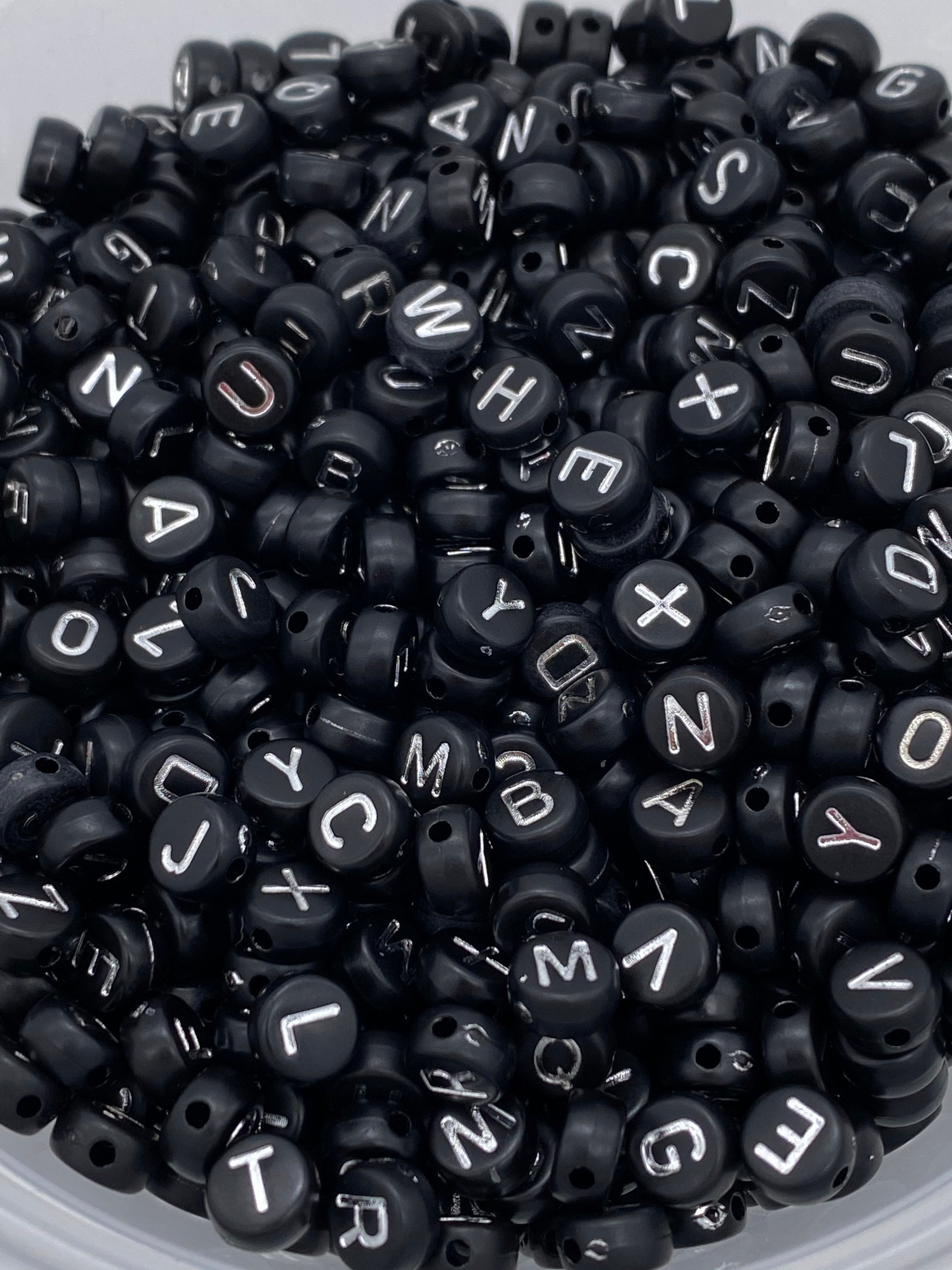 7 mm (0.28 inch) Round Acrylic Black Alphabet Beads - Black/White - Mixed  Letter Beads (50 or 100 Beads) or Separate A-Z Letters (5 Beads)