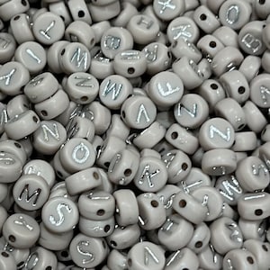 7mm Alphabet beads, Gray with Silver letters beads for kids, word beads name beads, letter jewelry making beads, 100 beads per pack