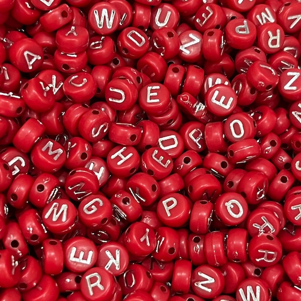 7mm acrylic alphabet beads, Red with silver letters, letter beads, word beads, personalized beads, bracelet beads, jewelry making beads