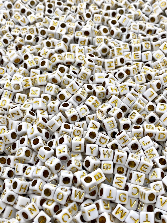 4mm Cube Shaped Alphabet Beads, White and Gold Letter Beads