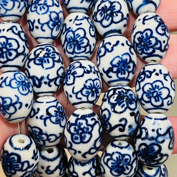 Floral blue glass beads, focal oval beads, porcelain beads, blue and white flower beads, jewelry making beads, bracelet beads