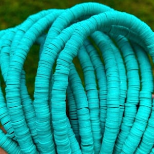 6mm & 8mm vinyl heishi disc beads, Sea green, African vinyl beads, polymer clay beads, choker beads, 350-400 beads per strand