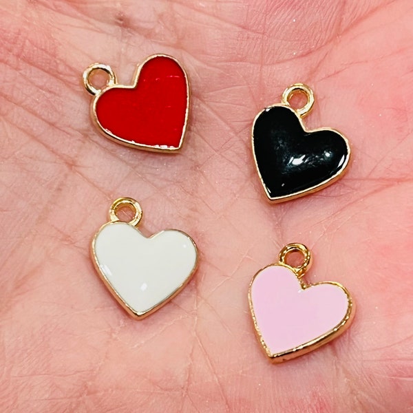 Red heart shaped charms, enamel charms, gold charms, charm bracelets hearts jewelry 5 charms per pack