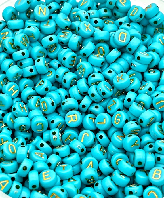 7mm Acrylic Alphabet Beads, Turquoise Gold Letters, Word Beads