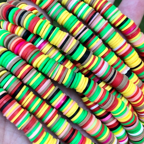 8mm vinyl heishi beads, Bob Marley colors, African vinyl beads, bracelet beads, jewelry beads, 350-400 beads per strand, stretchy bracelets