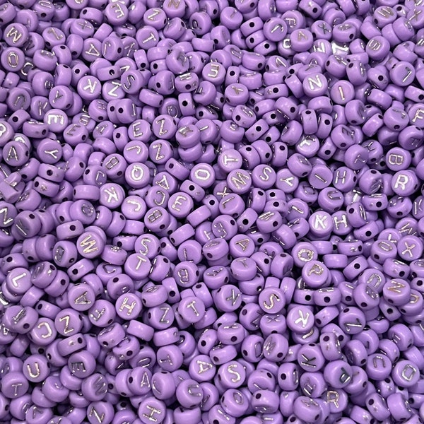 7mm Alphabet beads, Lavender with Silver beads for kids, word beads name beads, letter jewelry making beads, 100 beads per pack