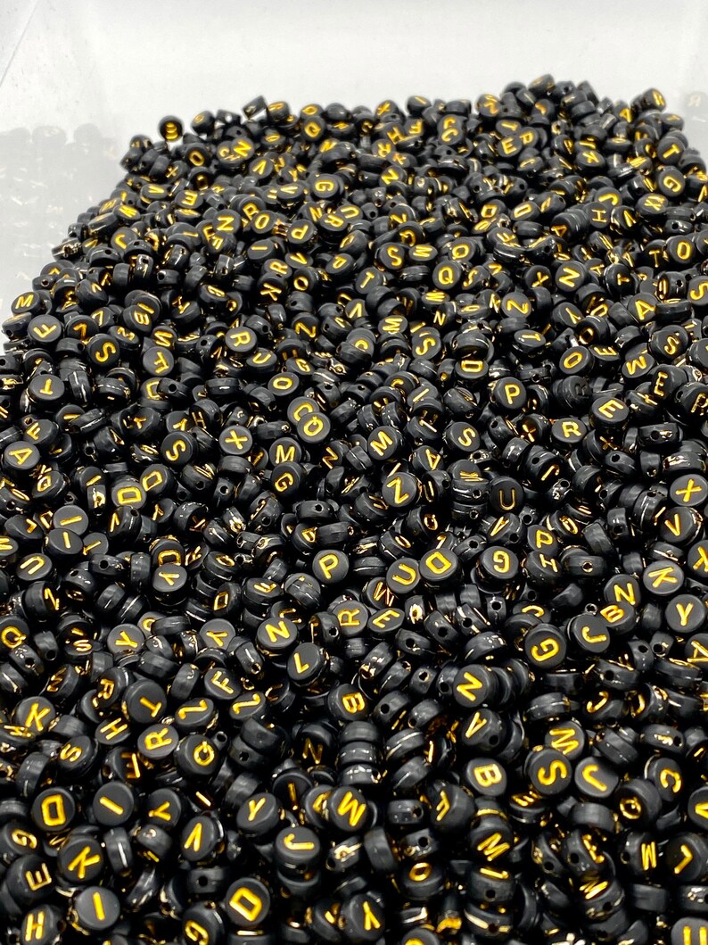 7mm Alphabet Beads Black With Gold Letters Name Making Beads - Etsy
