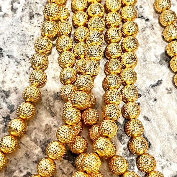 8mm brushed gold plated beads, patterned beads, jewelry beads, focal beads, bracelet beads, spacer beads, 20 beads per pack, dotted beads