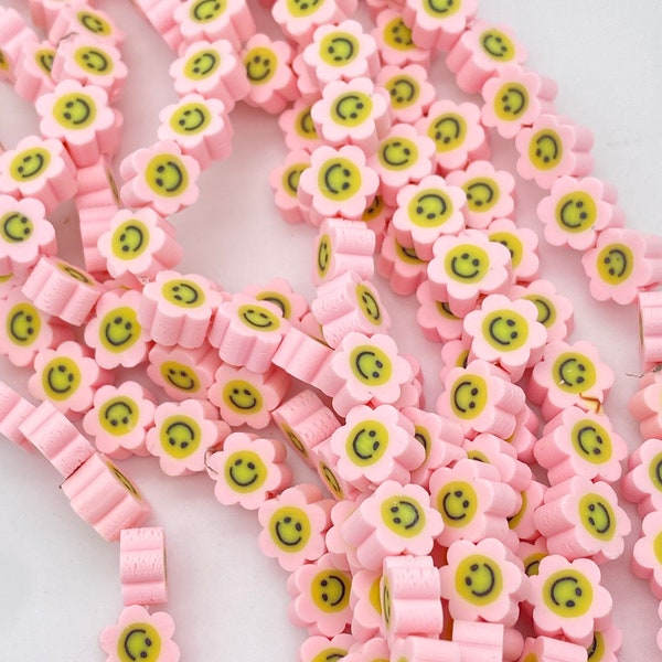 10mm polymer clay beads, smiley face beads, pink smiley face, beads for kids, jewelry making beads