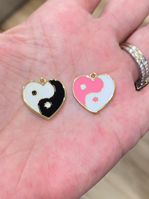 Enamel heart shaped charms, yin yang charms, black yin yang, pink yin yang,  charm bracelets, valentines charms