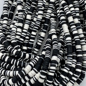 4mm, 6mm vinyl Heishi beads Black white stripe African vinyl beads polymer clay beads jewelry beads 350-400 beads per strand