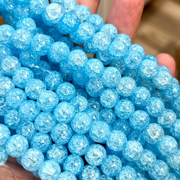 6mm, 8mm Crackle glass, sky blue glass, blue beads, jewelry making beads, round glass beads, bracelet beads, patterned beads, unique beads