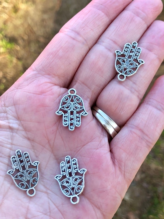 Hamsa Hand Silver Charms, Tibetan Style Charms, Double Sided Charms, Charm Bracelets, Jewelry Charms, 5 Charms per Pack