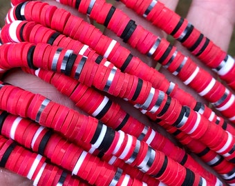 4mm,6mm, 8mmvinyl heishi beads red striped polymer clay beads jewelry beads choker beads 350-400 beads per strand