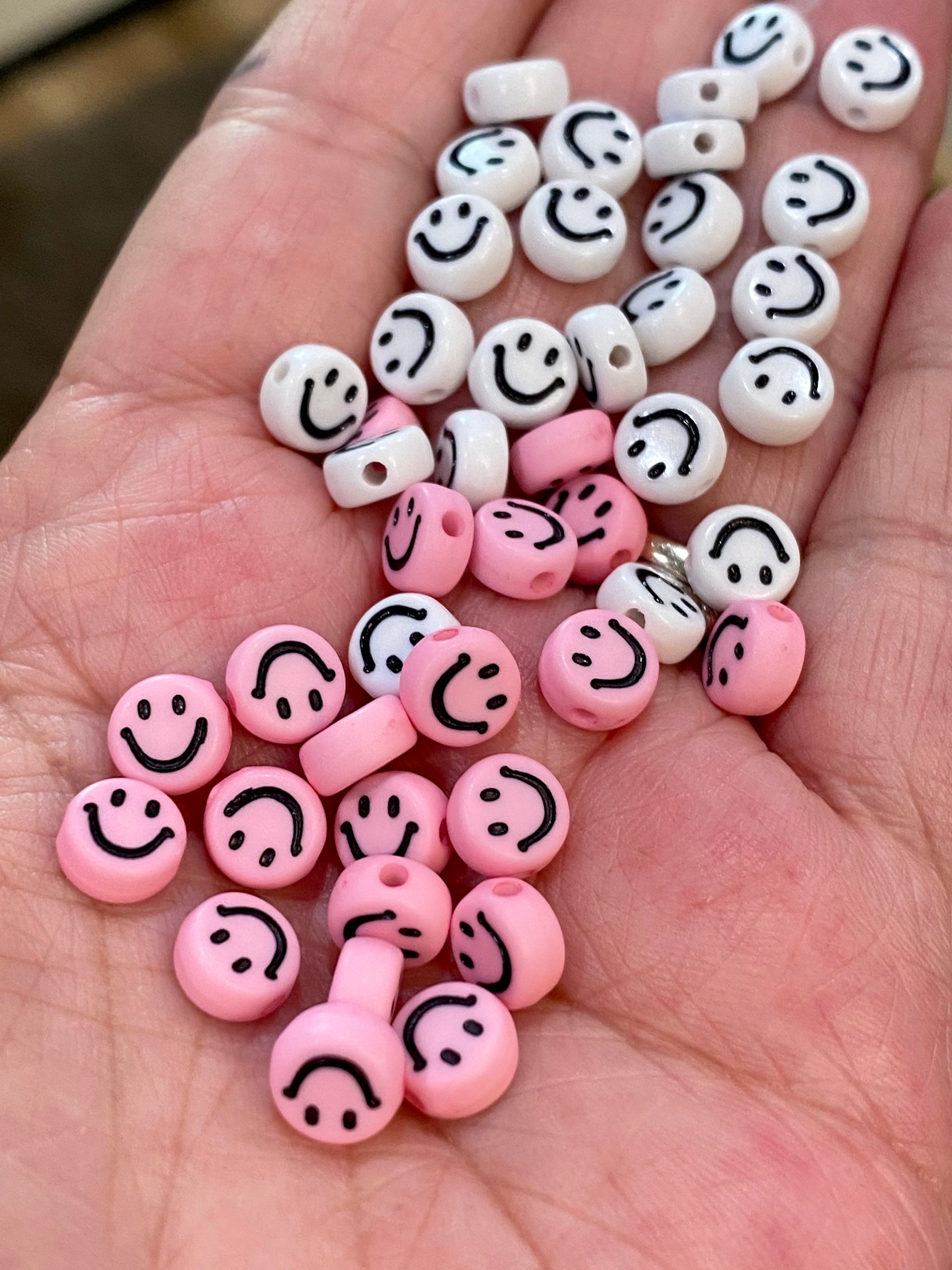 7mm Acrylic Smiley Face Beads, Pink Smiley Face Beads, White