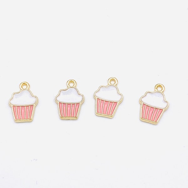 Emaille Cupcake Charms, gold Charms, rosa Charms, Bettelarmbänder, Schmuck Charms, niedliche Charms, 5 Charms pro Packung