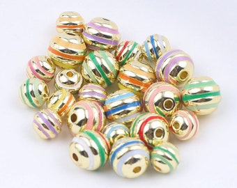 8mm enamel beads, gold beads with enamel, jewelry beads, bracelet beads, focal beads, round gold beads, pink enamel beads