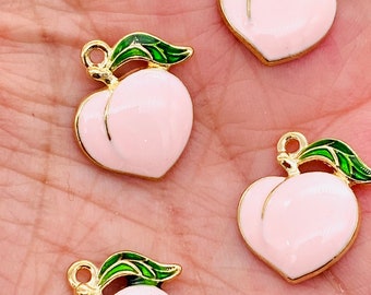 Pink peach charms, fruit charms, charm bracelets, cute enamel charms, jewelry making, bracelet charms