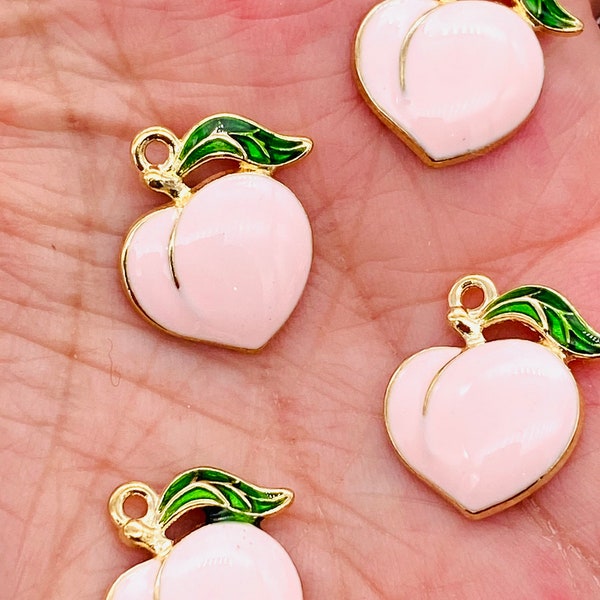 Pink peach charms, fruit charms, charm bracelets, cute enamel charms, jewelry making, bracelet charms