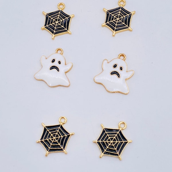 Halloween charms, ghost charms, spider web charms, charm bracelets, jewelry charms, 5 charms per pack