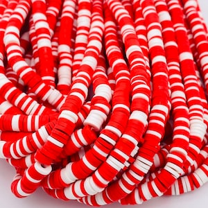 6mm vinyl Heishi beads, red stripe, polymer clay beads, valentines beads, vinyl Heishi, jewelry making beads