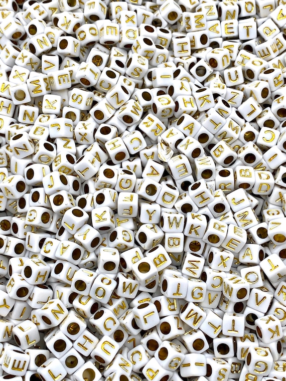 4mm cube shaped alphabet beads, white and gold letter beads, jewelry beads  bracelet beads 100 beads per pack