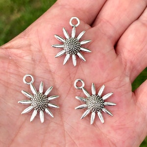 C- Sunflower charms, Tibetan style charms, silver charms, charm bracelets, jewelry charms, 5 charms per pack