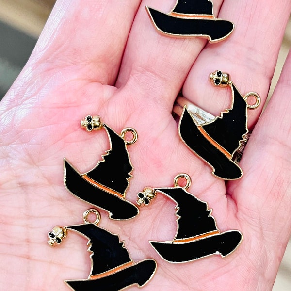 Enamel witch Hat charms, skull witch hat wizard hat charms, Halloween charms, bracelet charms, pendants, black hat charms,charm bracelets