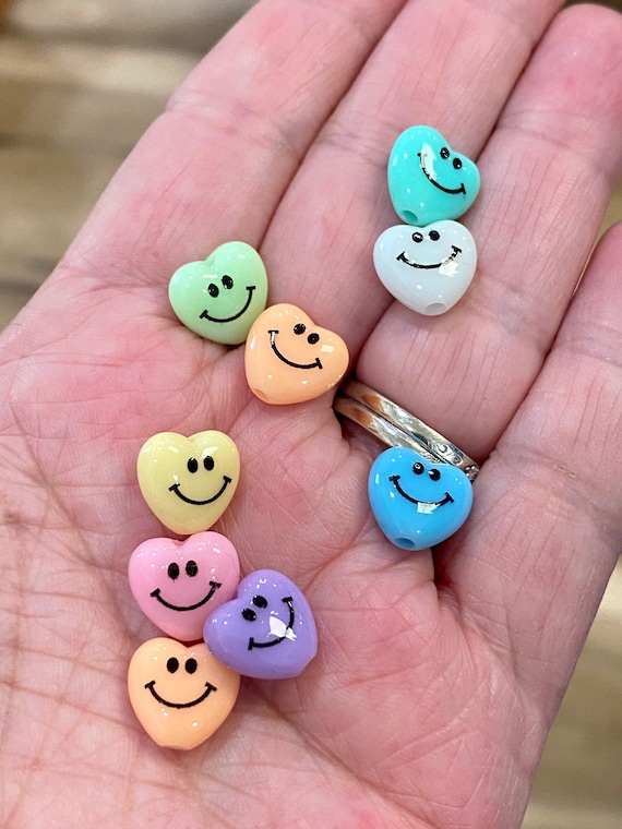 10mm Acrylic Heart Smiley Face Beads, High Quality Beads, Focal Beads, Beads  for Kids, Smiley Face Beads, Heart Shaped Beads 