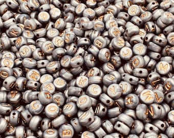 7mm acrylic alphabet beads, gray and rose gold, letter beads, word beads, bracelet beads, jewelry beads, 100 beads per pack