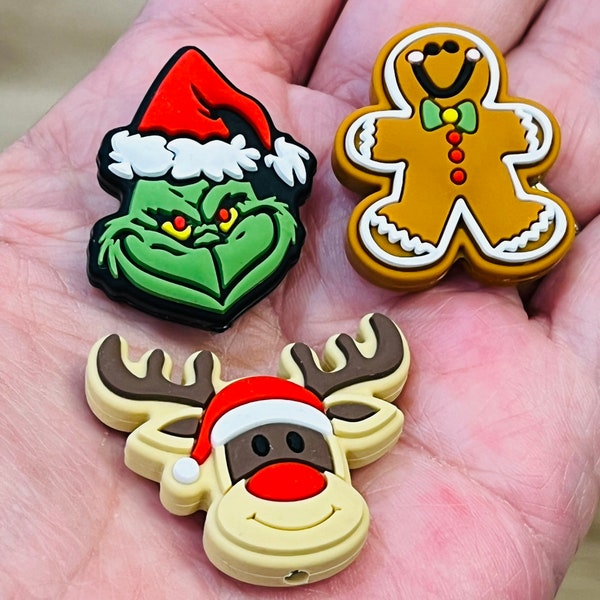Christmas focal beads, silicone beads, beads for kids, Christmas beads, Grinch beads, reindeer beads, gingerbread beads, pencil topper beads