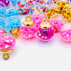 Glass ball charms with confetti stars, charms and pendants, gold charms, charm bracelets, bracelet making, 5 charms per pack image 3