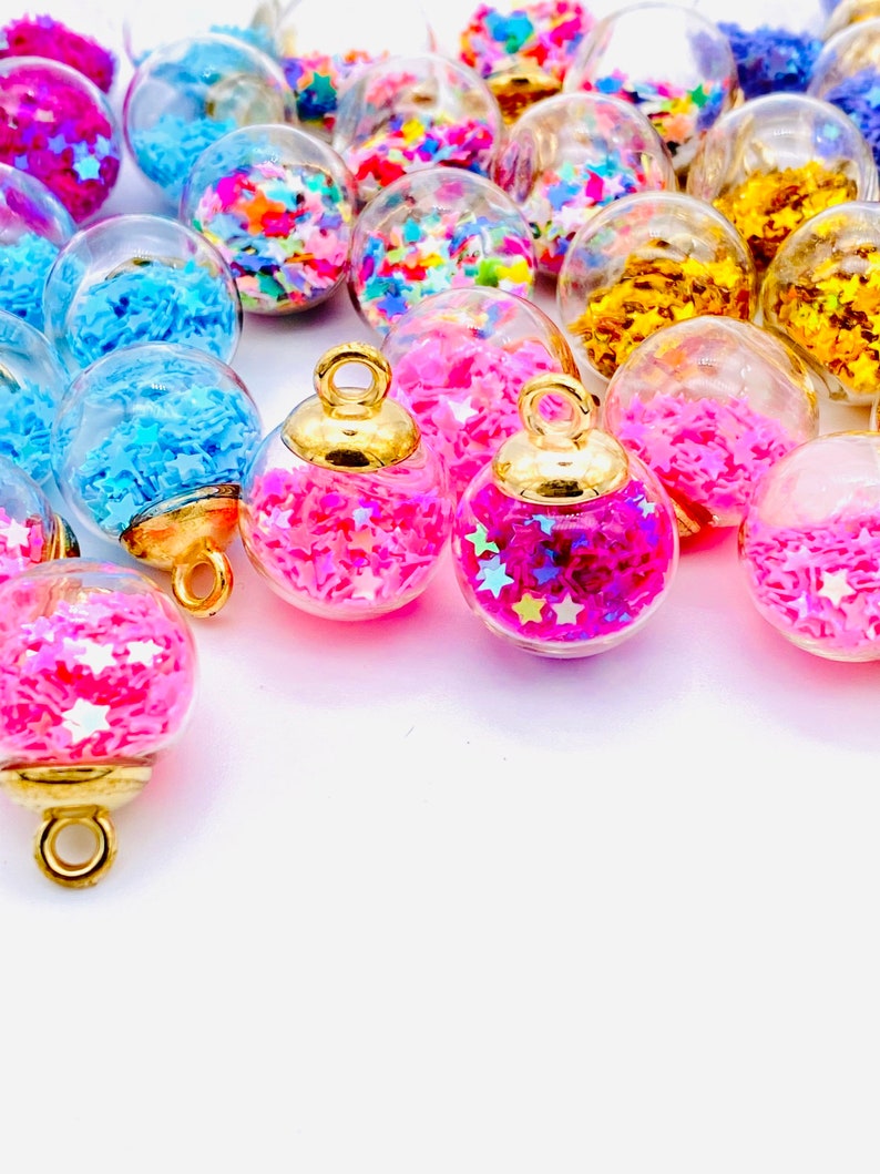 Glass ball charms with confetti stars, charms and pendants, gold charms, charm bracelets, bracelet making, 5 charms per pack image 3