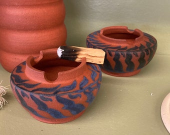 Handmade Ceramic Ashtray | Red Clay | Hand Painted Floral Motif | Blue Flowers | Terracotta | Palo Santo Dish | Jewelry Bowl | Boho | Leaves