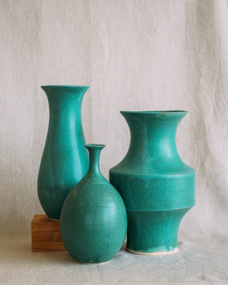 Handmade Ceramic Vase in Turquoise Glaze Geometric Vase Sculpture Modern Pottery Wheel Thrown Teal Aquamarine Modernist Minimalist image 2