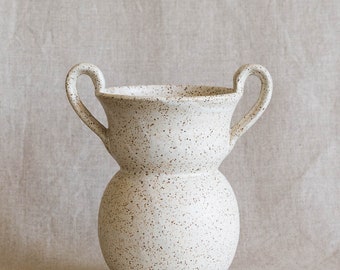 Speckled White Ceramic Vase | Handmade Hand Thrown Pottery | Satin White Vase with Handles | Greek Vase | Cottagecore | Farmhouse | Rustic