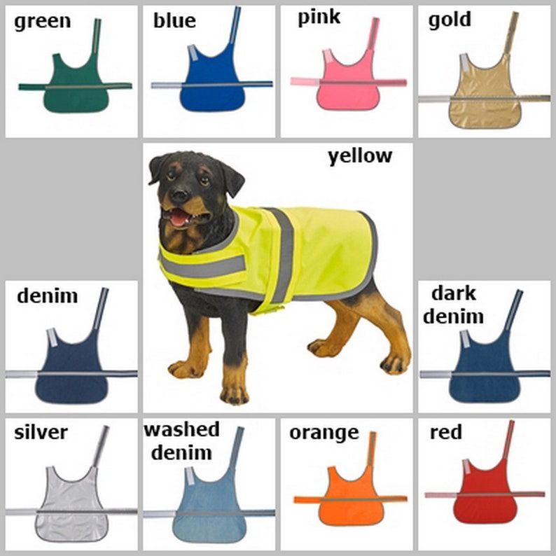 May include: A dog wearing a yellow safety vest with reflective strips. The vest is available in a variety of colors, including green, blue, pink, gold, denim, dark denim, silver, washed denim, orange, and red.