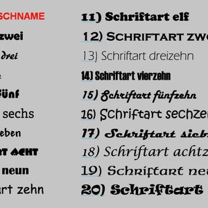 May include: A numbered list of 20 different font styles, each labeled with the German word "Schriftart" followed by a number and the corresponding number in German. The list is written in black text on a light gray background.