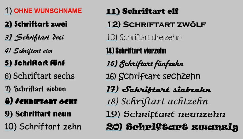 May include: A numbered list of 20 different font styles, each labeled with the German word "Schriftart" followed by a number and the corresponding number in German. The list is written in black text on a light gray background.