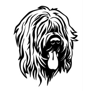 Könnte beinhalten: Schwarz-weiß-Illustration eines Briard-Hundes mit herausgestreckter Zunge. Der Hund hat ein langes, zotteliges Fell und einen freundlichen Ausdruck.