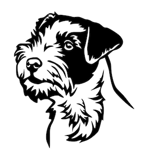 Könnte beinhalten: Schwarz-weiße Silhouette eines Jack Russell Terriers mit einem zotteligen Fell und einer spitzen Schnauze.
